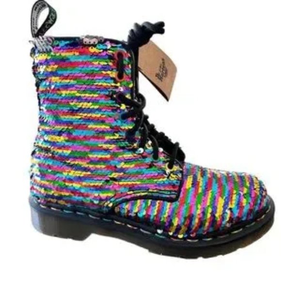 Dr. Martens Shoes - Dr. Marten 1460 Pascal Boots Platform Rainbow Sequin Silver Black Lace Up